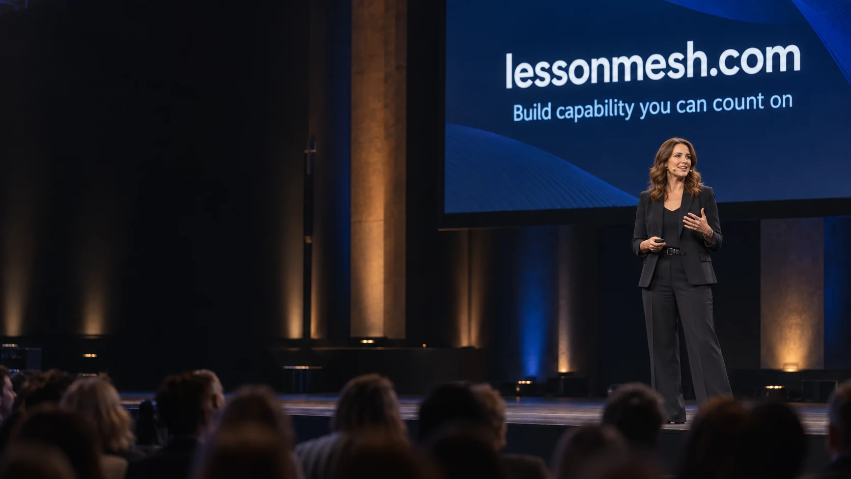 A trainer on a keynote stage beneath a screen reading ‘lessonmesh.com’ and ‘Build capability you can count on’.